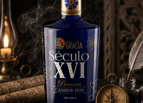 Premium-blue-bottle-of-Gracia-Século-XVI-cashew-feni